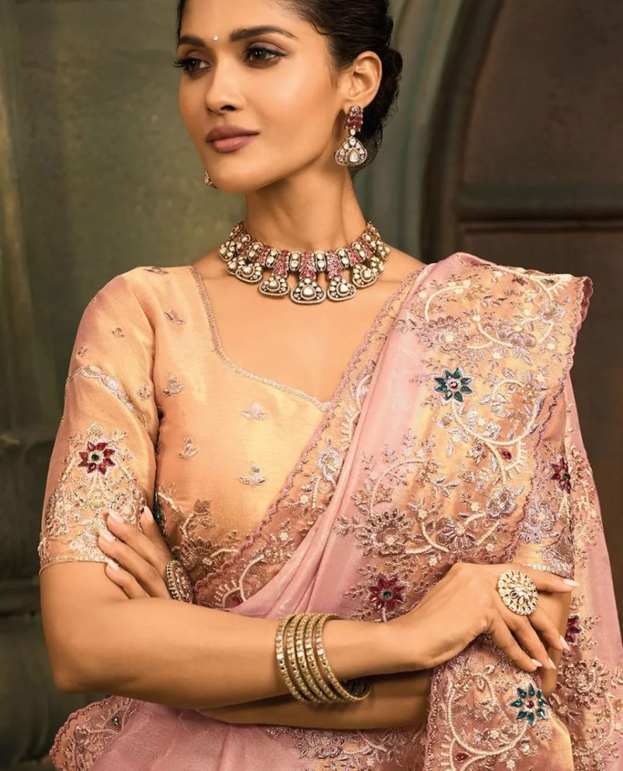 PINK - Rose Pink Handwork Pure Silk Designer Saree